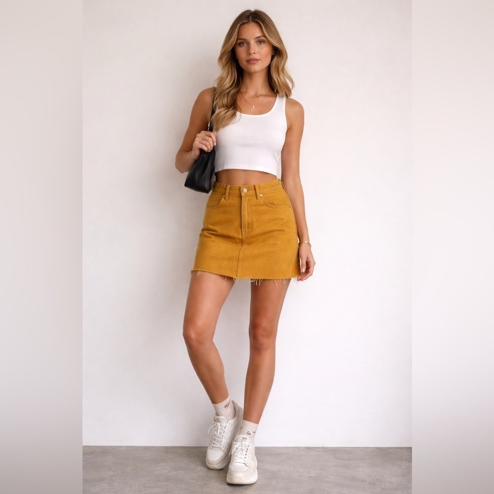 Mustard Denim Mini Skirt RVCA Rowdy Size 27 Raw Hem Streetwear Skate